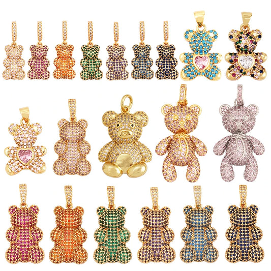 Luxury Fine Inlaid Rainbow Cubic Zirconia Charm Pendant,Cute Bear Jewelry Necklace Bracelet Making Wholesale Supplies M85
