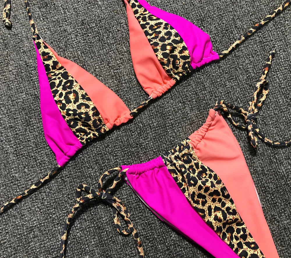Bikini 2025 Sexy Women 3 Colour Patchwork Leopard Swimwear Swimsuit Halter Female Beach Bikinis Set Bathing Suit Banadores Mujer