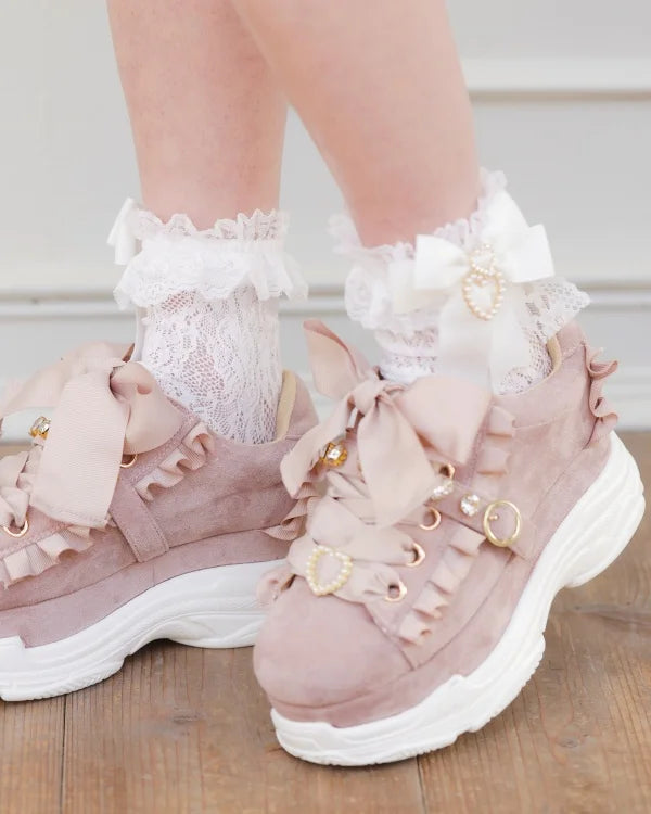 Handmade Sweet Lolita Bow Pearl Heart Pendant Lace Mid-Calf Socks Japanese Style Cotton Lace Socks Girls Women