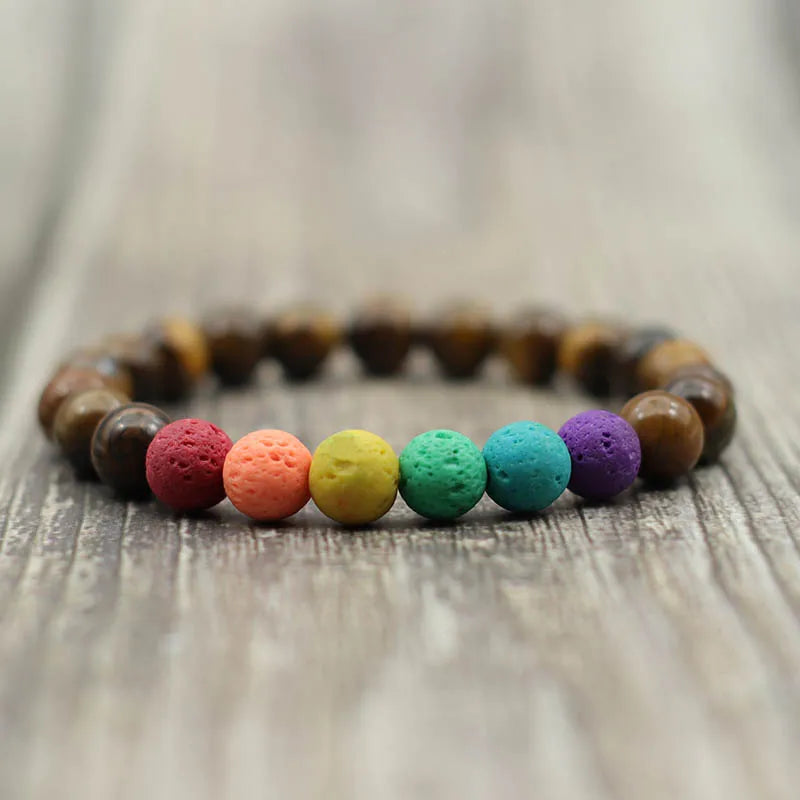 Colorful Lava Stone Bracelet Men Women 8mm Natural Onyx Tiger Eye Beaded Braclet Rainbow Friendship Brass Braslet