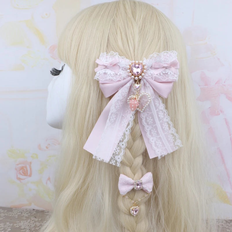Lolita Style Hairclips Y2K Girl Handmade Bow Lace Ribbon Bowknot Hair Clip with Strawberry Heart Accessories Pendant