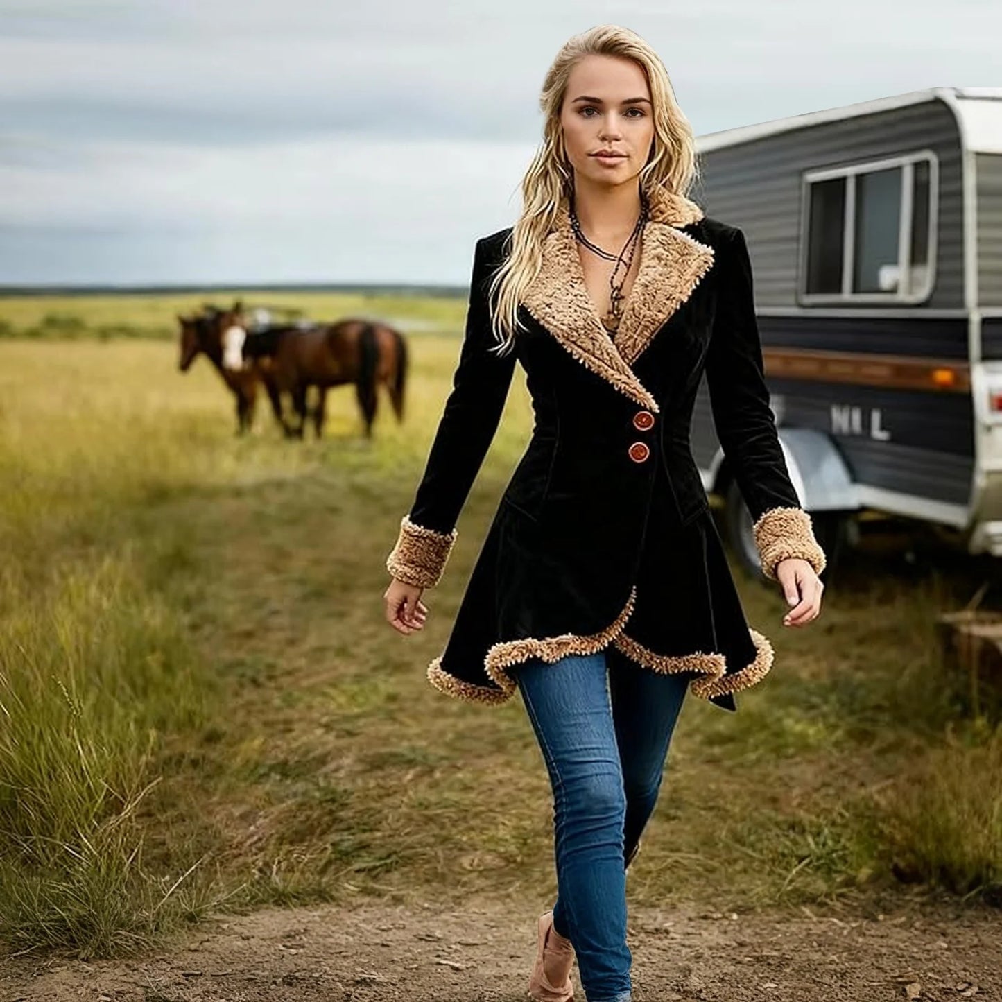 Women'S Denim Western Retro Windbreaker Plush Fashionable Warm And Plush Jacket Winter Outdoor Warm Coat Women'S Coat