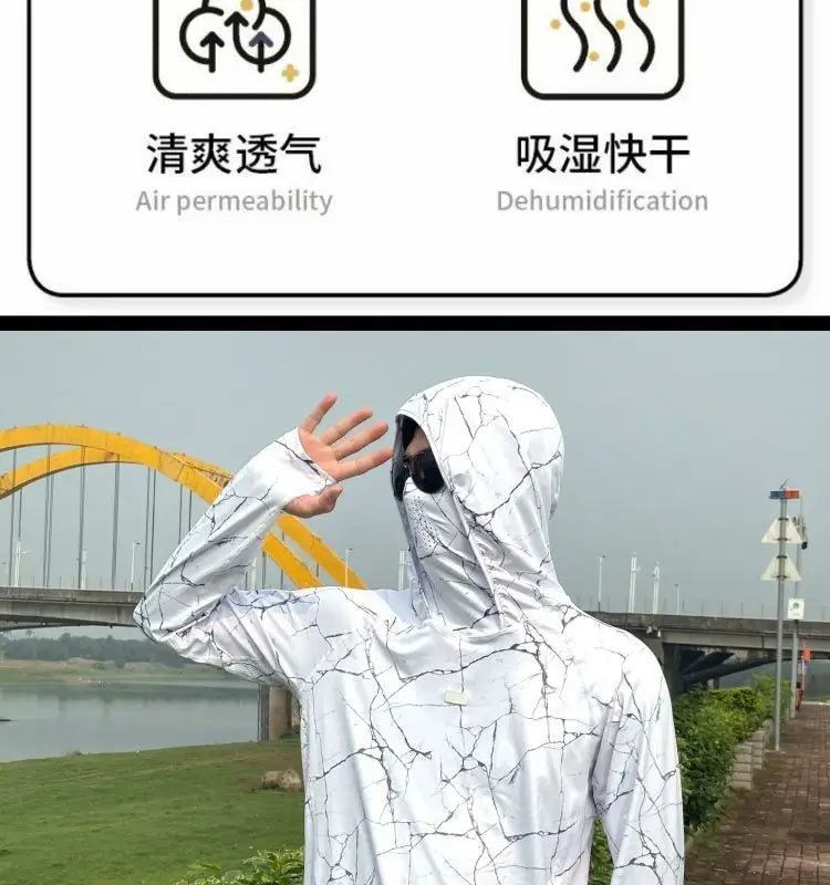 Sun Protection T-Shirts Men Fishing Hooded Outdoor Lightweight Mask Pullover Quick Drying Breathable Anti-UV Cool Sunscreen Tee