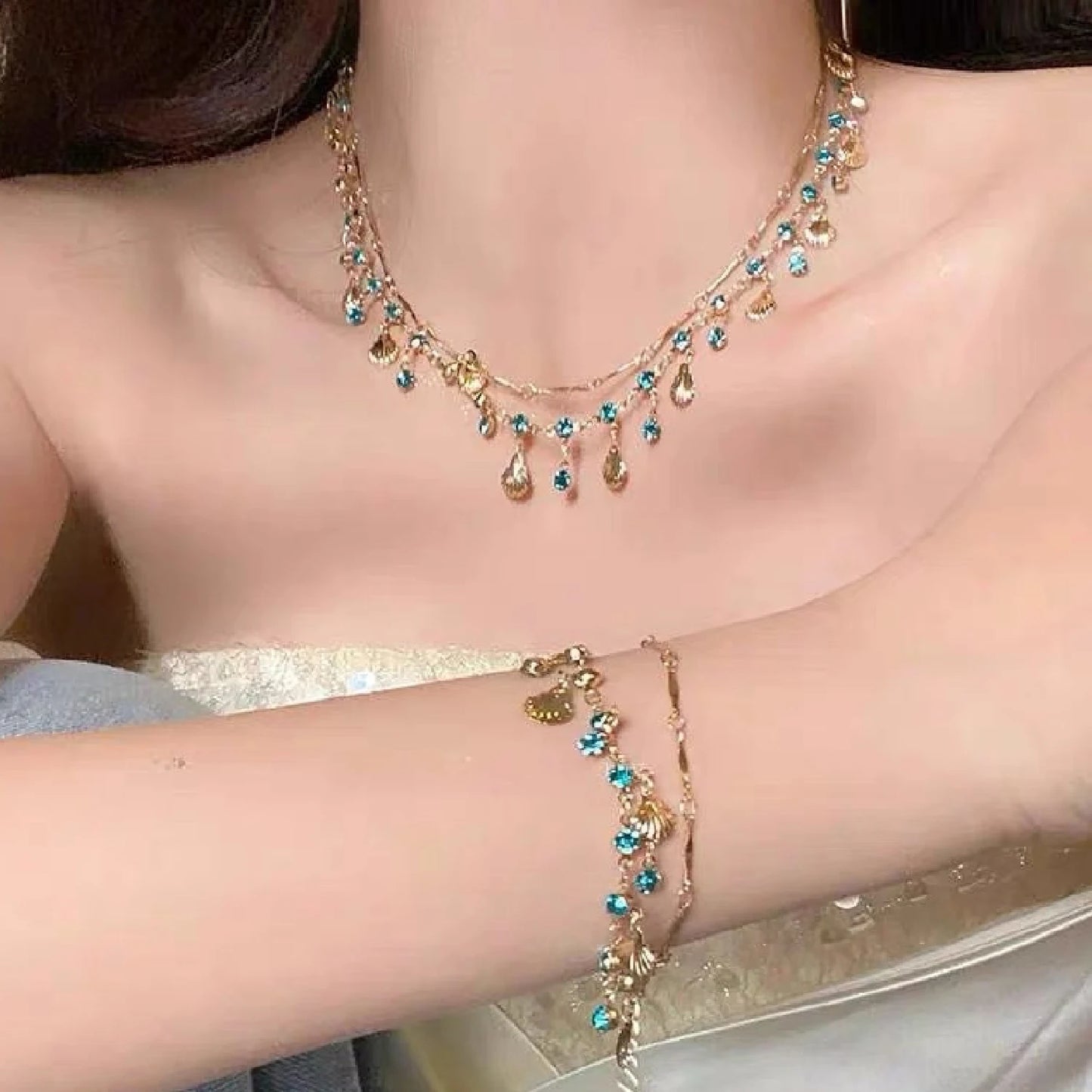 Elegant Gold Color Chain Shell Blue Tear Jewelry Set Crystal Choker Necklace Bracelet For Women Wedding Jewelry Birthday Gift