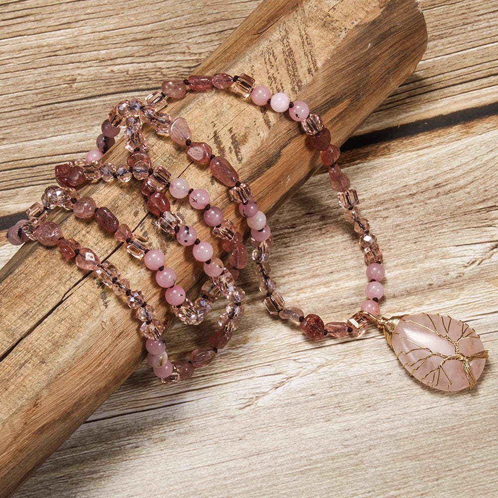 New Fashion Bohemian Spring Women Jewelry 6mm Natural Stone Knot Necklace Hand Wrapped Life Tree Stone Drop Pendant Necklace