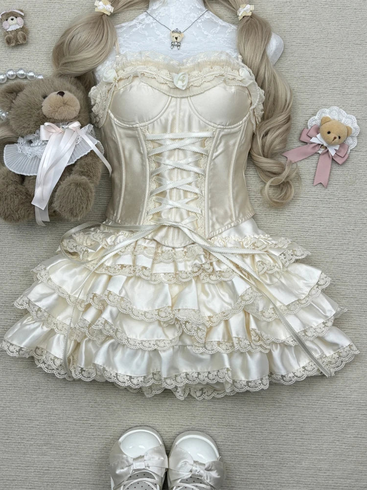 French Elegant Sexy 2 Piece Sets Womens Outifits Y2k Strapless Lace Design Tops+ High Waist Chic Skirt Female Korean Fashion New