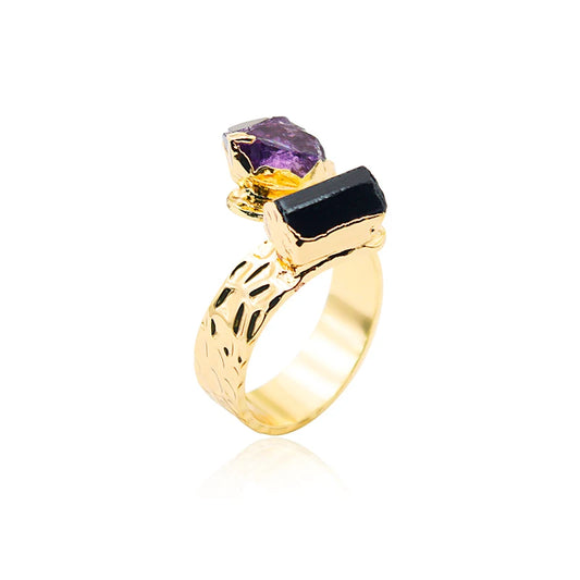 Amethyst with Black Tourmaline Open Ring for Women Girls Gold-color Irregular Rough Stone Finger Jewelry Resizable