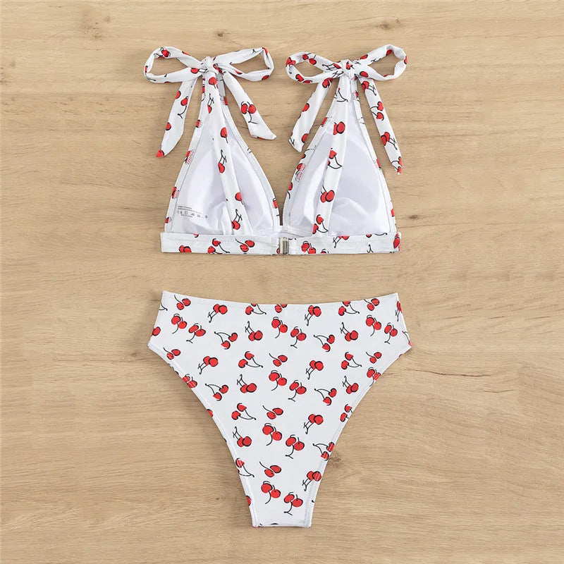 Sexy Cherry Print Swimsuits Women Push Up Bikinis Sets High Waist Swimwear Knotted Straps Bathing Suit Bathers Bikini 2024 Mujer