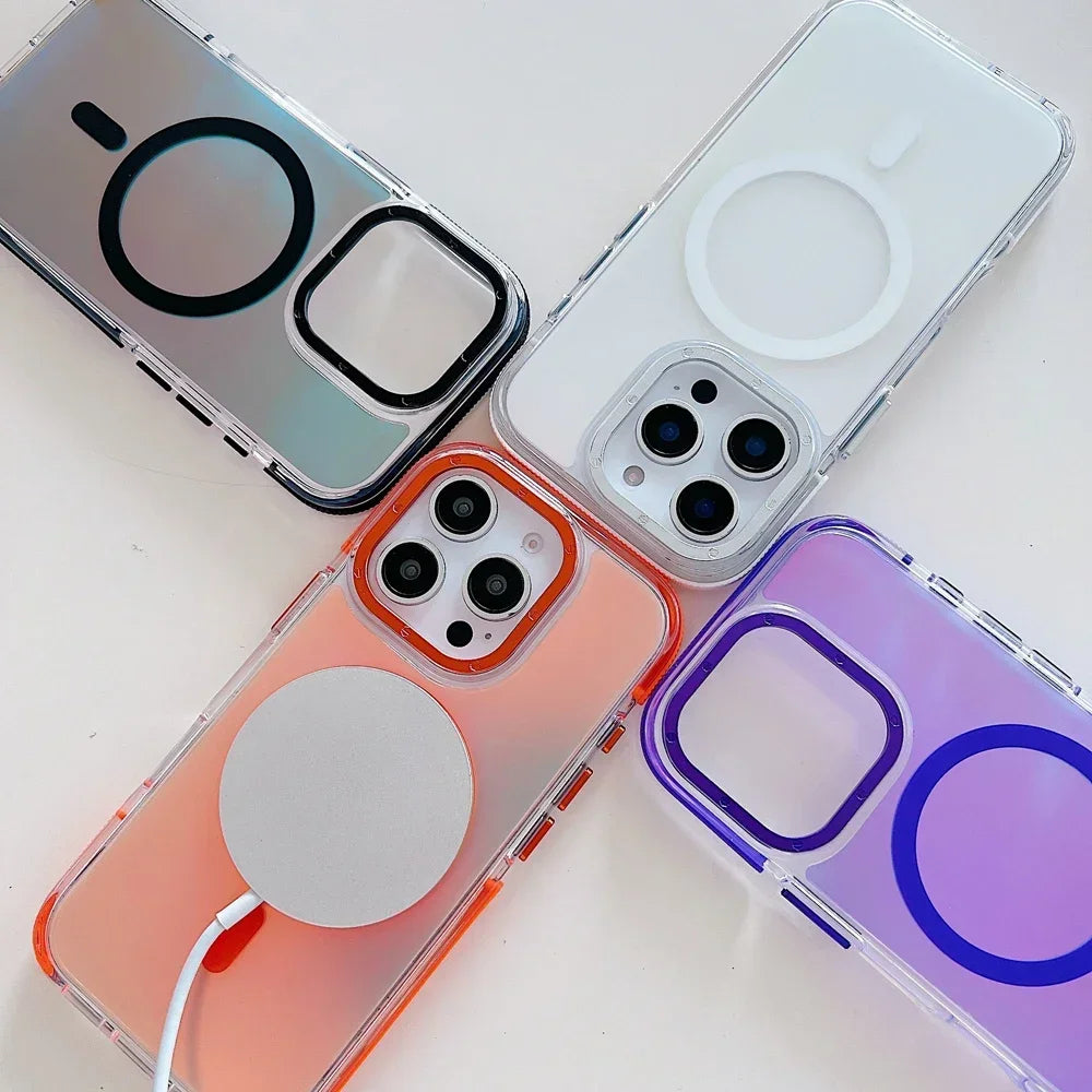 Stylish Metal Lens Magnetic Phone Case for IPhone 17 16 15 14 13 12 11 Pro Max Plus MagSafe Wireless Gradual Change Color Cover
