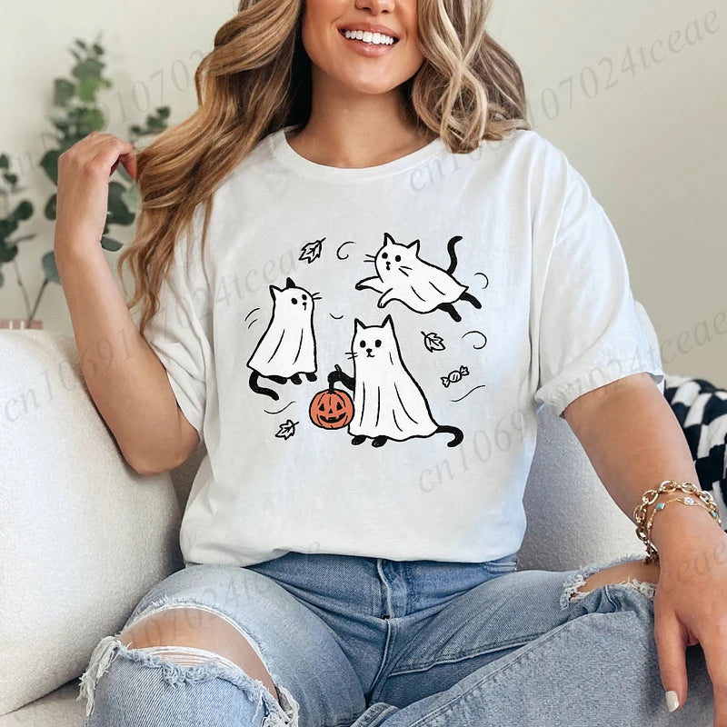 New Fashion Ghost Cat T-Shirt Tops Womens Vintage T-Shirt Funny Spooky Halloween Classic T-Shirt Tops Women's Tees Streetwear