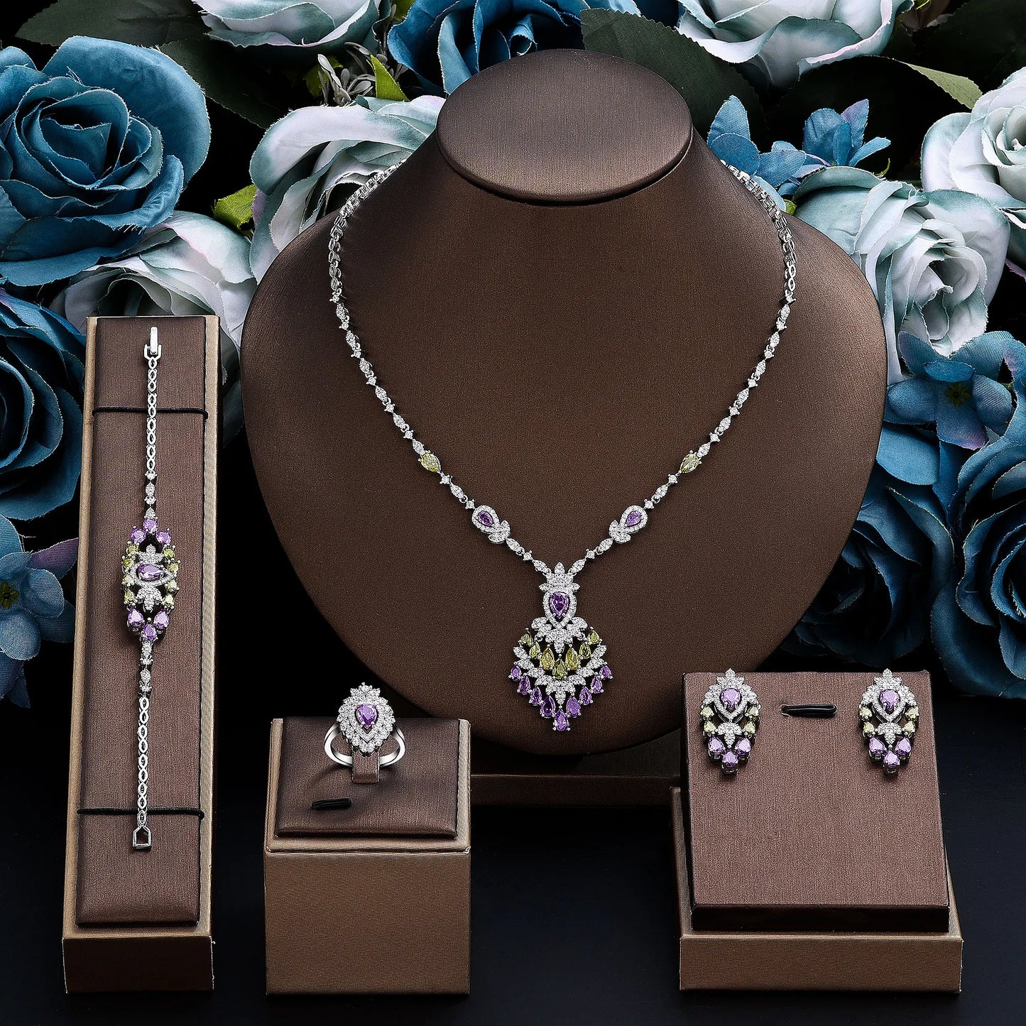 2024 Elegant Wedding Jewelry Set for Women Dubai UAE Bridal 4-piece Jewelry CZ Zircon Tassel Necklace Earrings Set