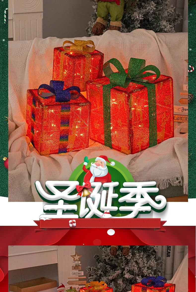 2025 Christmas Gift Box with LED Light String Warm Light Colored Light 3pcs Gift Box Christmas DIY Props Decoration Gift Boxs