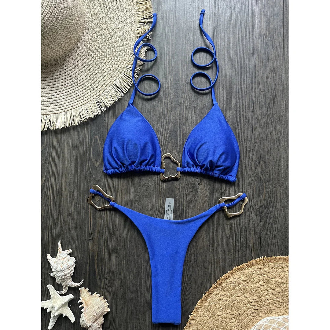 Shiny Metal Ring Halter Mini Thong Bikini Women Swimwear Female Swimsuit Two-pieces Bikini set Bather Bathing Suit Swim V6438