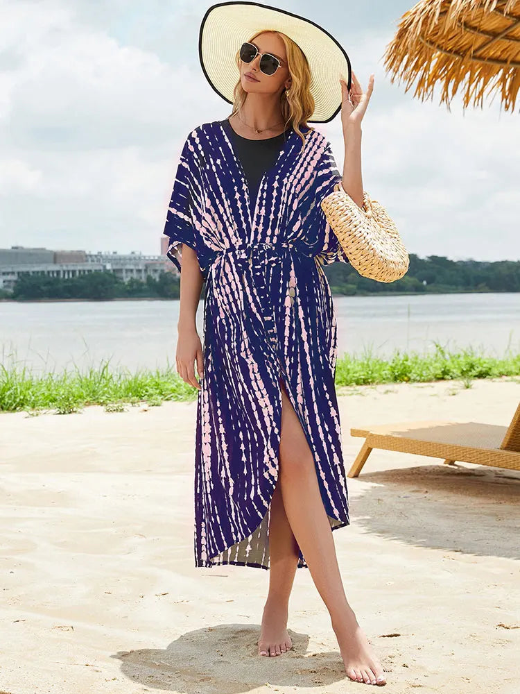 2023 Bikini Cover-ups Black Retro Striped Self Belted Women Summer Clothing Kimono Dress Beach Wear Swim Suit Cover Up Q1225