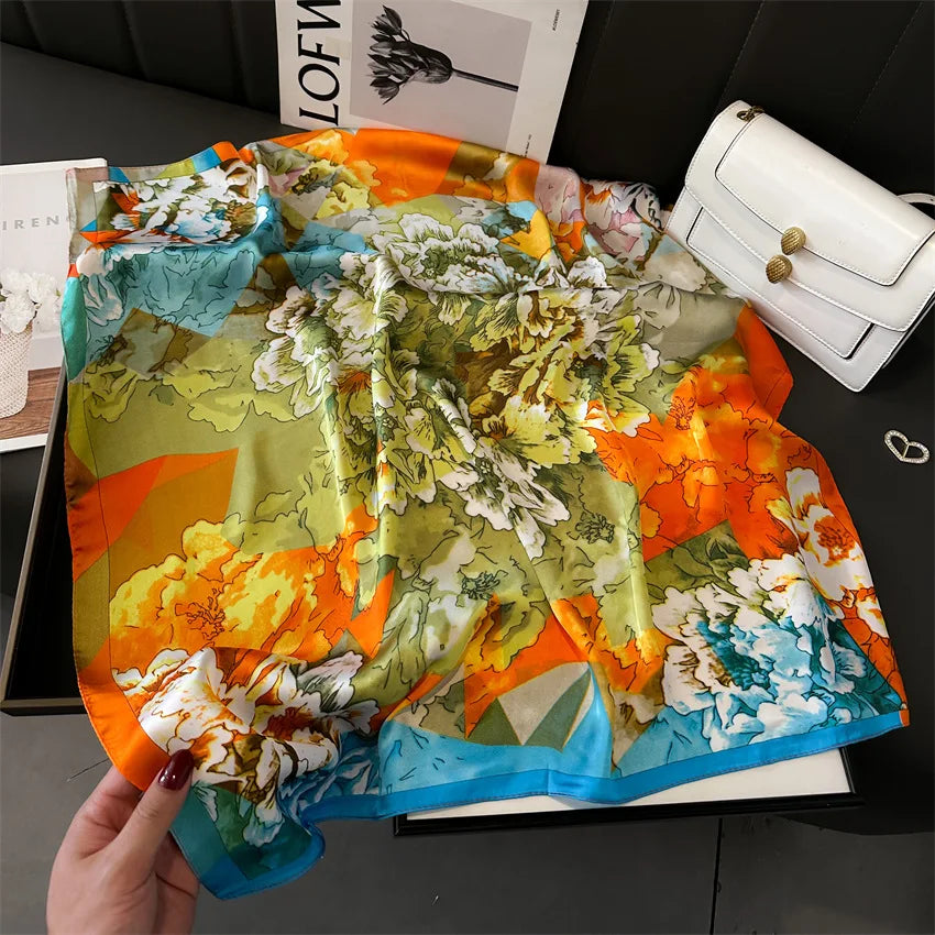 Imitated Silk Headcloth Fashion Flower Print Square Shawls Popular 70X70cm Bandanna Kerchief Sun Protection Silk Scarves Tie Bag