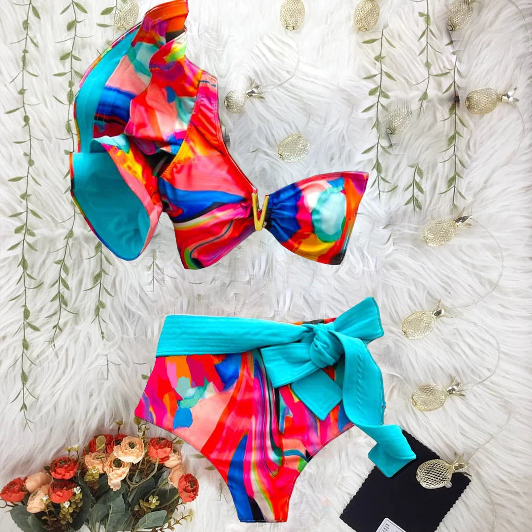V Neck Swimwear One shoulder Bikinis with Belt Separate Swimsuit Front Wrap Swimming Suits Bathing Suit Summer Beachwear
