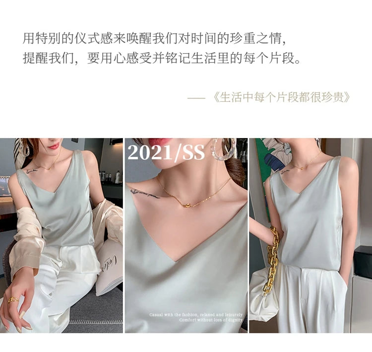 Women's New Four Seasons Inner Wear Silk Suspenders 2022 V-Neck Solid All-Match Satin Vest Soft Loose Thin Lady Sleeveless Tops