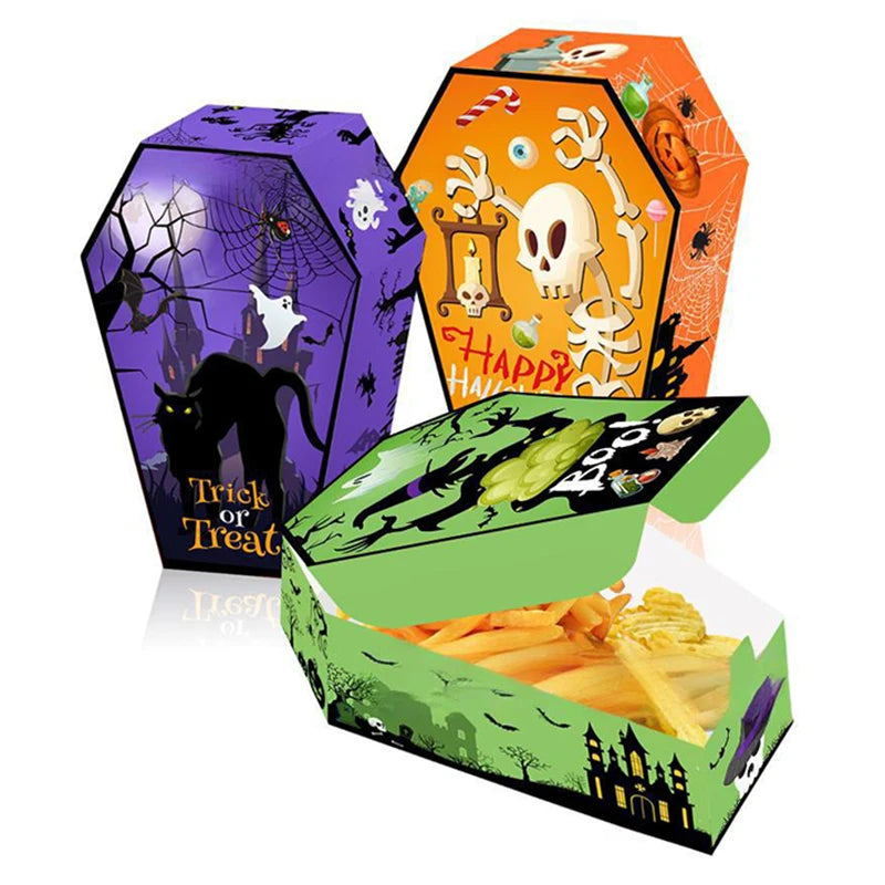 12pcs Halloween Coffin Shape Snack Box Skull Bat Ghost Goodie Boxes for Happy Halloween Party Decor Supply Trick or Treat Box