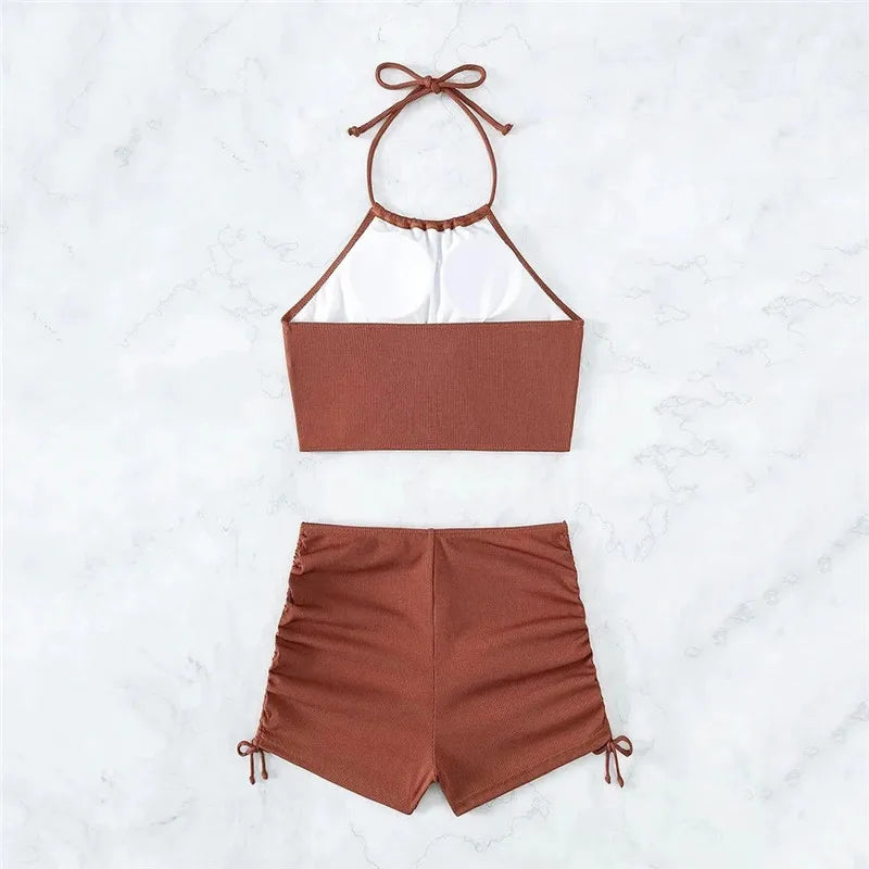 Black Drawstring Swimwear Bikinis Sets Mujer 2025 Crop Top Shorts Bottom Swimsuit Women Sexy Bathing Suit Beachwear Bikini Swim
