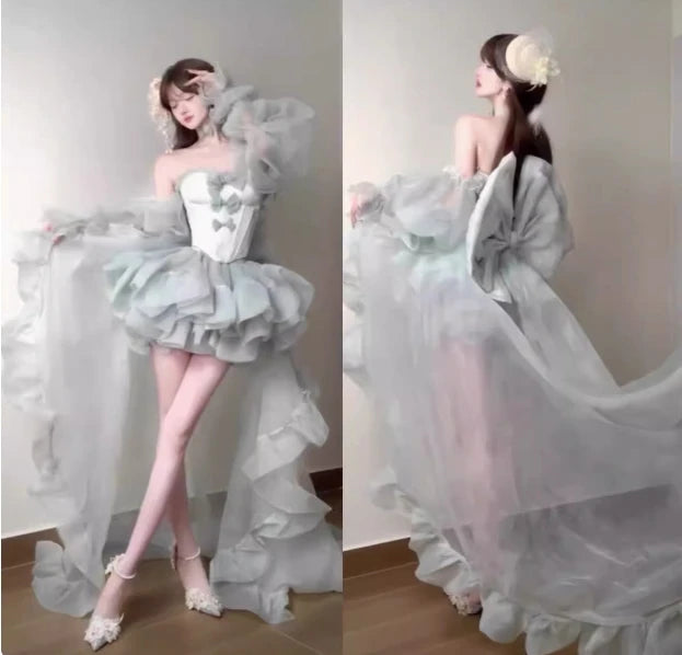 High Street Women's Mint Green Strapless Bowknot Sweet Fairy Organza Dress 2024 New Elegant Big Bow Trailing Party Wedding Dress