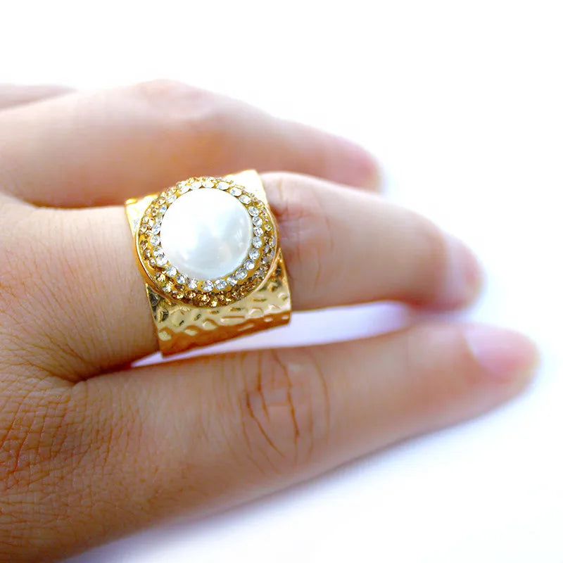 Micro Inlay Full Rhinestone Gold Plated Pearl Bride Engagement Wedding Open Ring Resizable