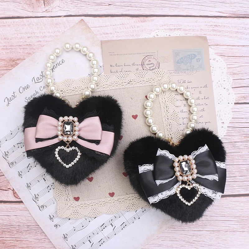 Romantic Bag Ornament Plush Heart Pearls  Keychain Bag Decor Keyring Sweet Ita Bag Pendant Handmade Bow Accessories Keychain