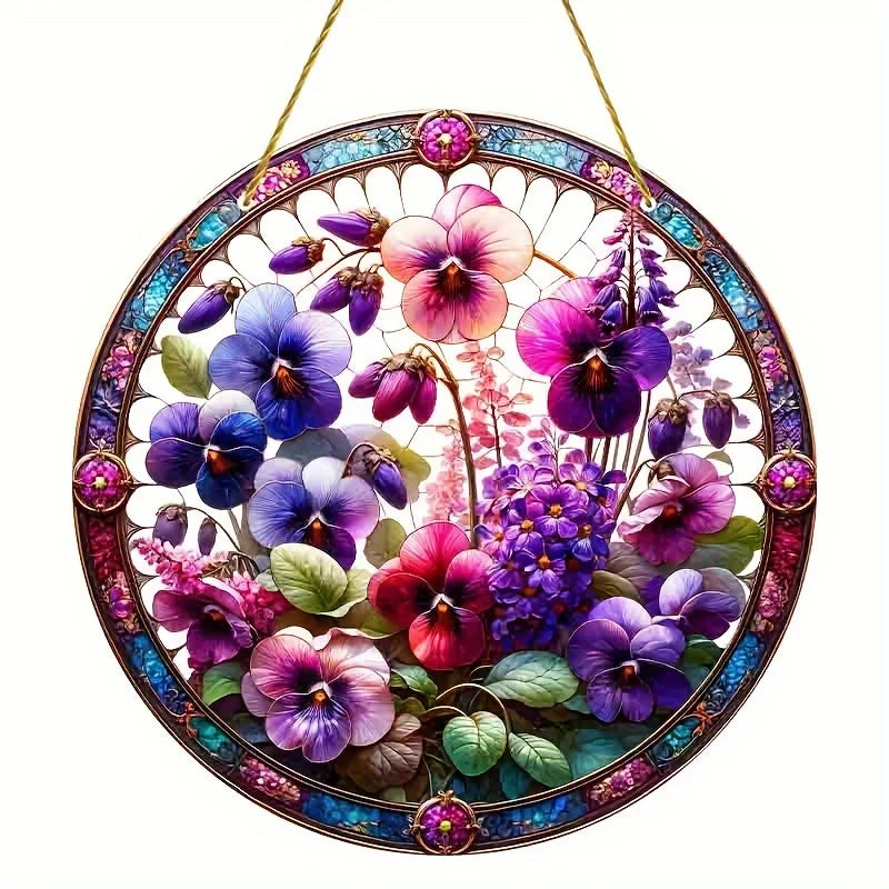 Flower Suncatcher, Stained Window Hanging, Acrylic Sign, Winter Decor, Round Sign, Wreath Sign, Wreath Center, Christmas Gift