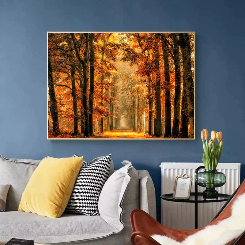 Autumn Yellow Leaves Fall View Landscape Wall Art Print Canvas Painting Pumpkin Halloween Poster Picture Living Room Home Decor