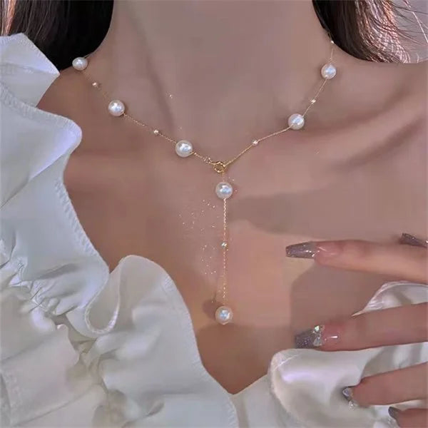 Fashion Imitation Pearl Rhinestone Necklace Stainless Steel Extra Long Drawstring Snake Tassel Metal Chain Women's Jewelry Gifts