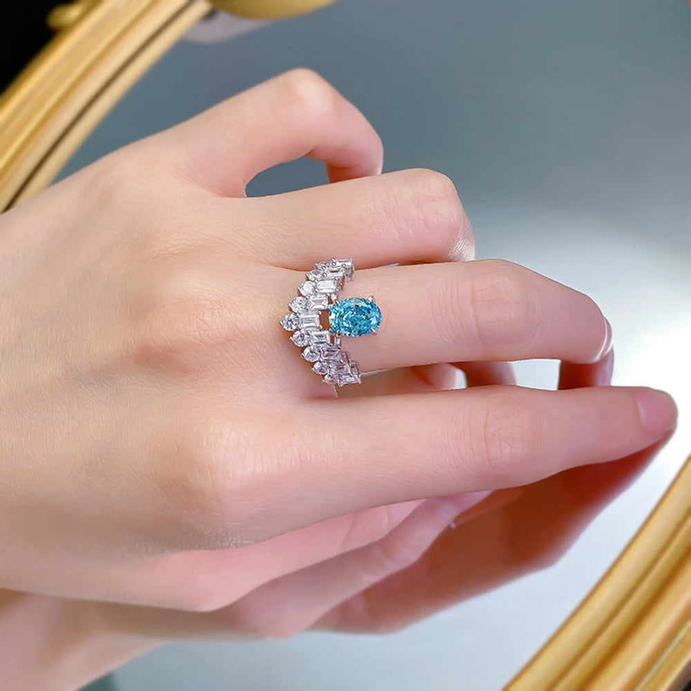 Wong Rain 100% 925 Sterling Silver 6*8 MM Oval Paraiba Tourmaline High Carbon Diamond Gemstone Ring For Women Engagement Jewelry