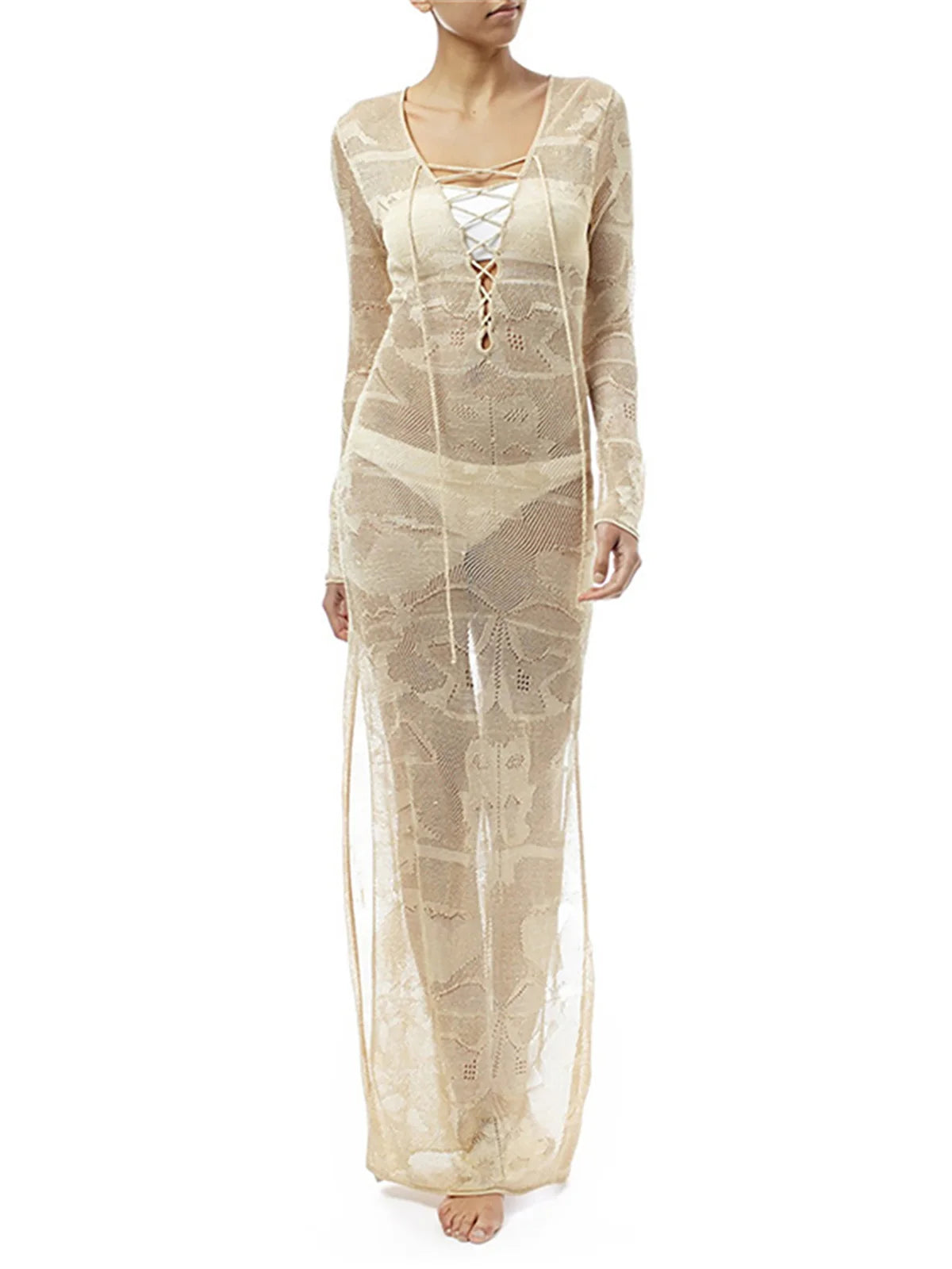 Deep V Dress Lace Up Long Sleeve Women Split Maxi Dress Crochet Knitted Tunic Mesh Sheer Sexy Bodycon Long Dress Vestido V4146B