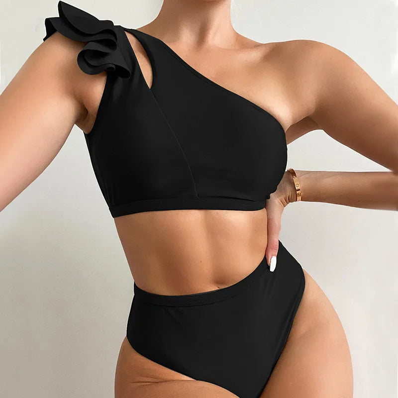 One Shoulder Bikinis 2025 Women Ruffle Swimsuit Solid High Waist Swimwear Female Padded Bathers Bathing Swimming Suit Beachwear