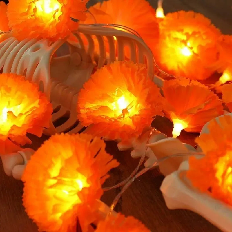 Marigold Flowers LED Light String Halloween Artificial Marigold Garland Battery Powered Lamp Halloween Outdoor Party Decorations