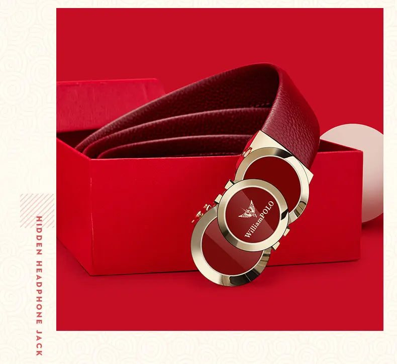 Genuine leather Chinese style men's belt, red belt, automatic buckle, personalized belt