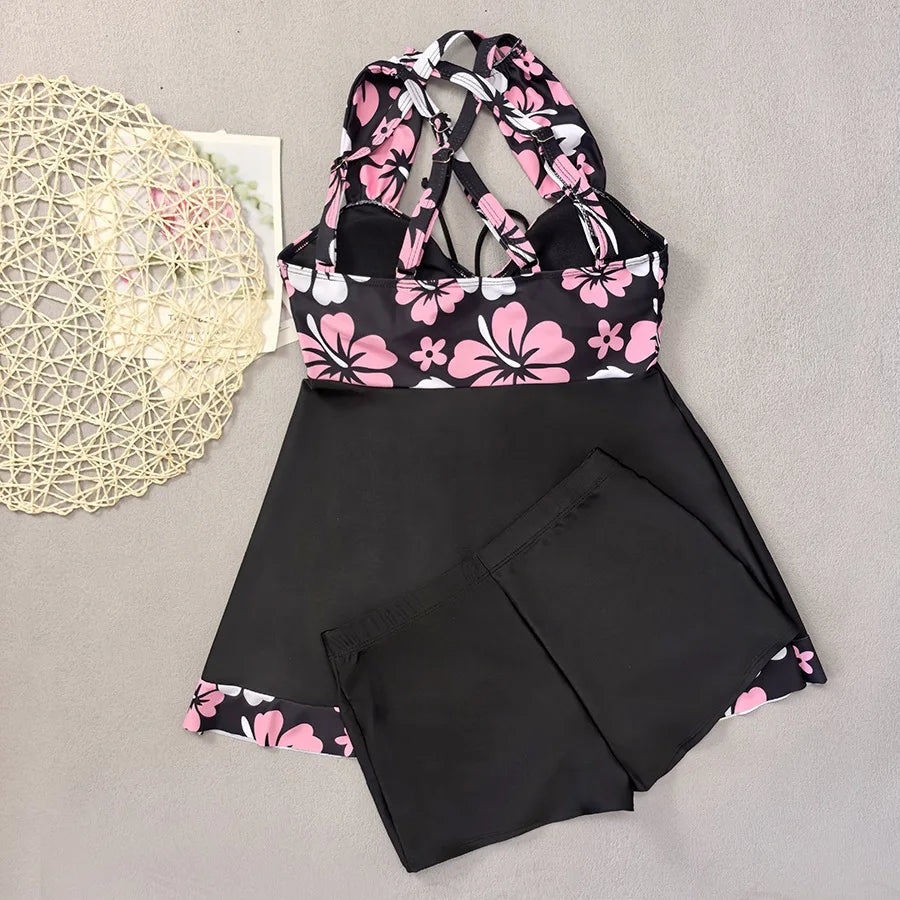 Black Flower Print Tankini Swimwear Woman Bikinis Sets 2025 Sexy Halter Swimsuit Bottoms Beach Wear Bathing Suit Bikini Donna