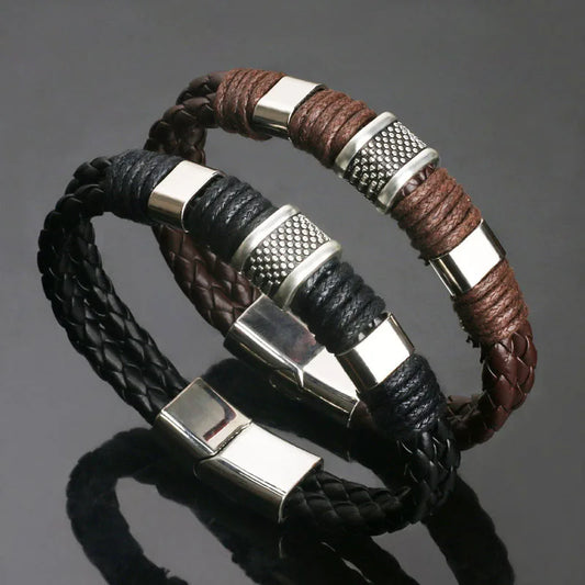Vintage Genuine Leather Bracelet for Men Handmade Woven Bracelet Magnetic Clasp Wrap Bracelet Homme Hand Jewelry Accessories New