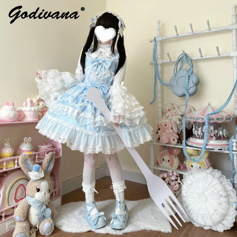 Super Fairy Lolita Dress Set New Spring and Autumn Sweet Girl Women's Flower Lace Bow Shirt Princess Jsk Suspender Dress