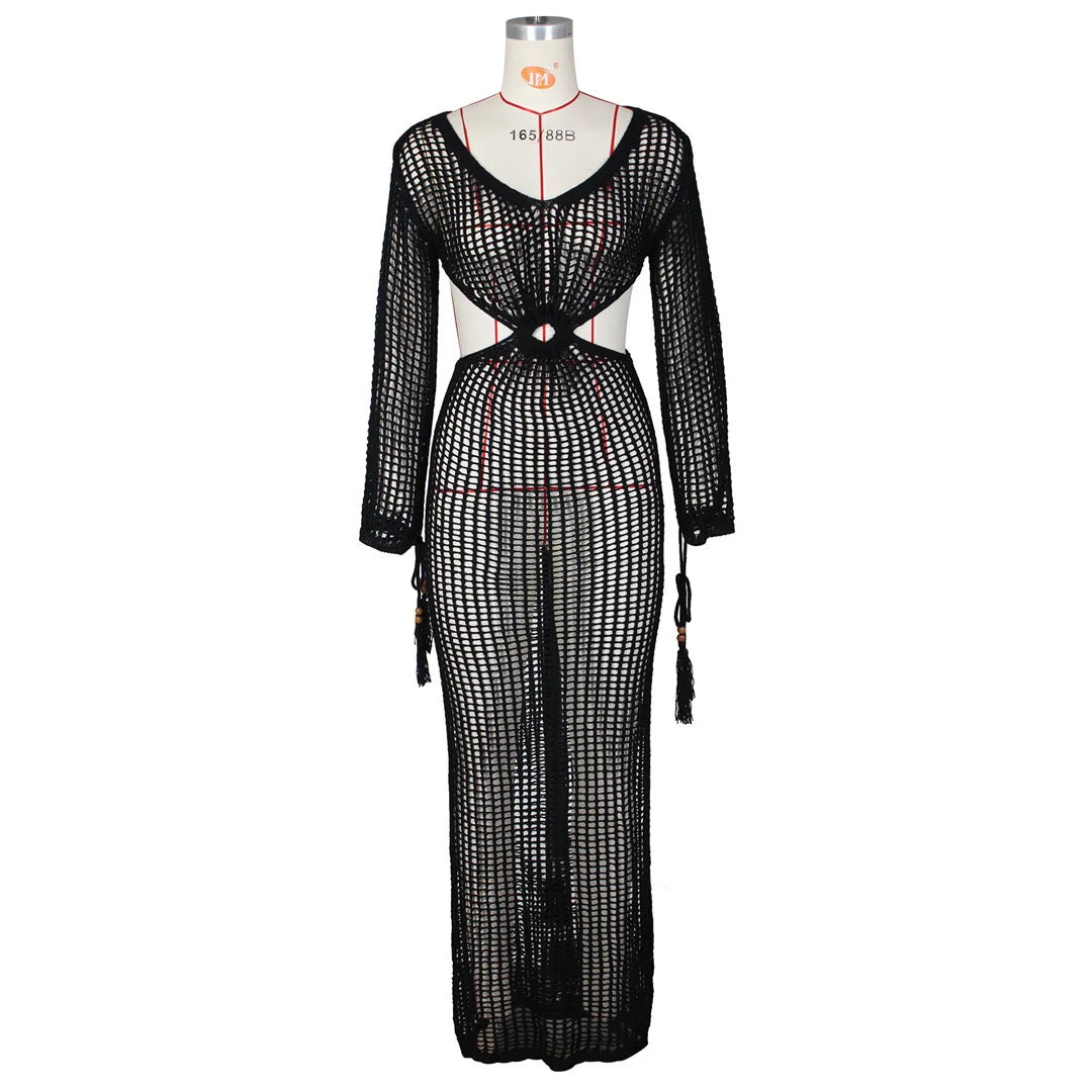 S - XL Long Sleeve Hollow Out Crochet Knitted Tunic Beach Cover Up Cover-ups Beach Dress Beach Wear Beachwear Female Women V5322