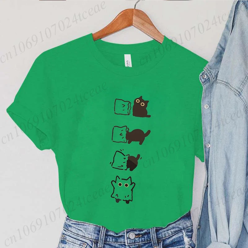 Boo Black Cat Print Women T-shirt Fashion Summer Tee Clothing Short Sleeve Harajuku Streetwear Casual Shirt Halloween Tee Tops