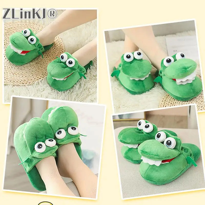 Cartoon Crocodile Cotton Slippers With Moving Mouth Funny Home Cotton Shoes Winter Walking Warm Christmas Gift For Men Women