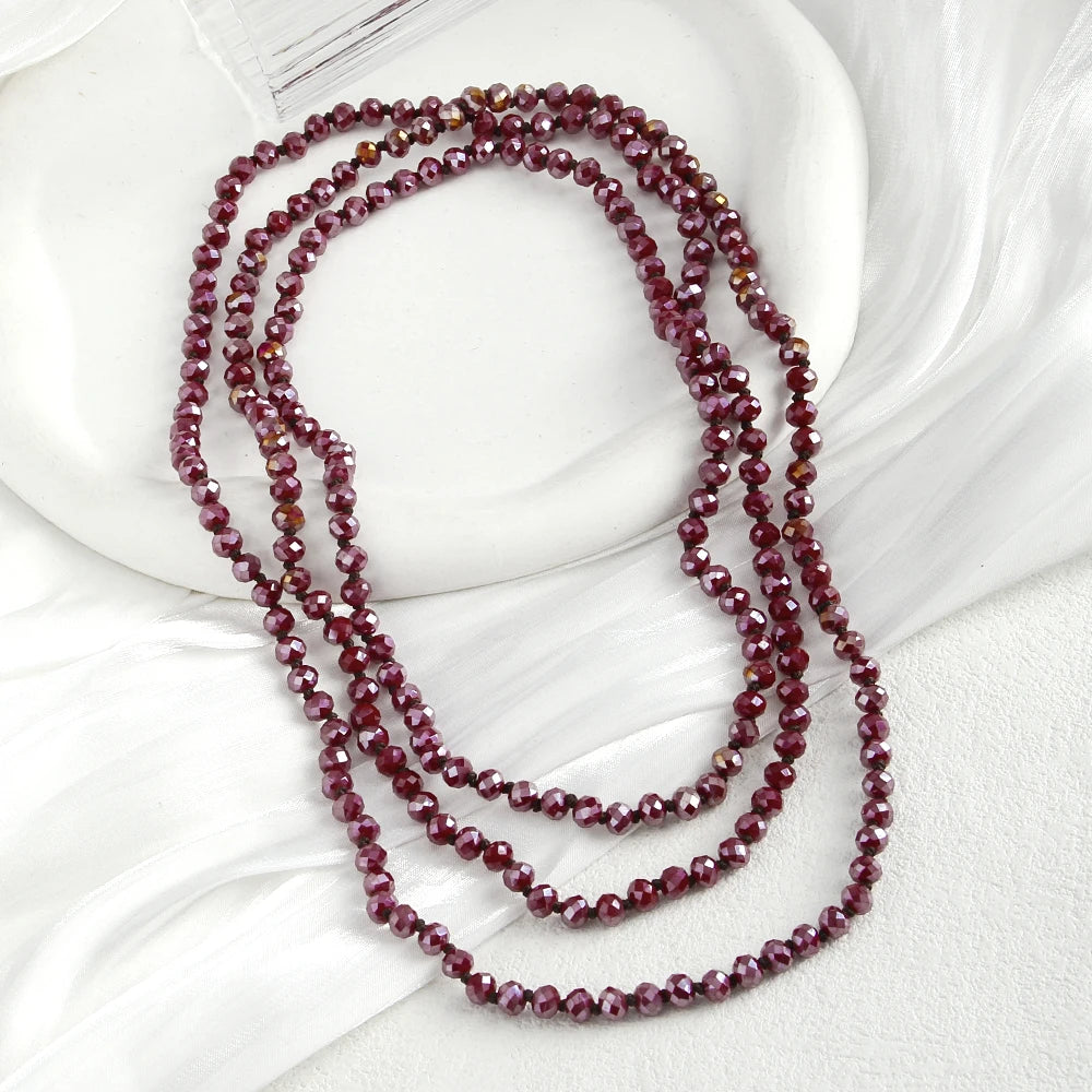 Fashion Bohemian Tribal Jewelry 6mm Crystal Long knotted Glass Crystal Necklace