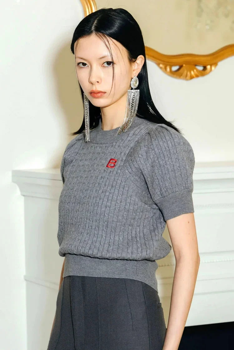 Japanese New Spring Ladies Sweet Bubble Short Sleeve Twist Knitted Top Sweater Letter Embroidered Pure Color Women's T-shirt