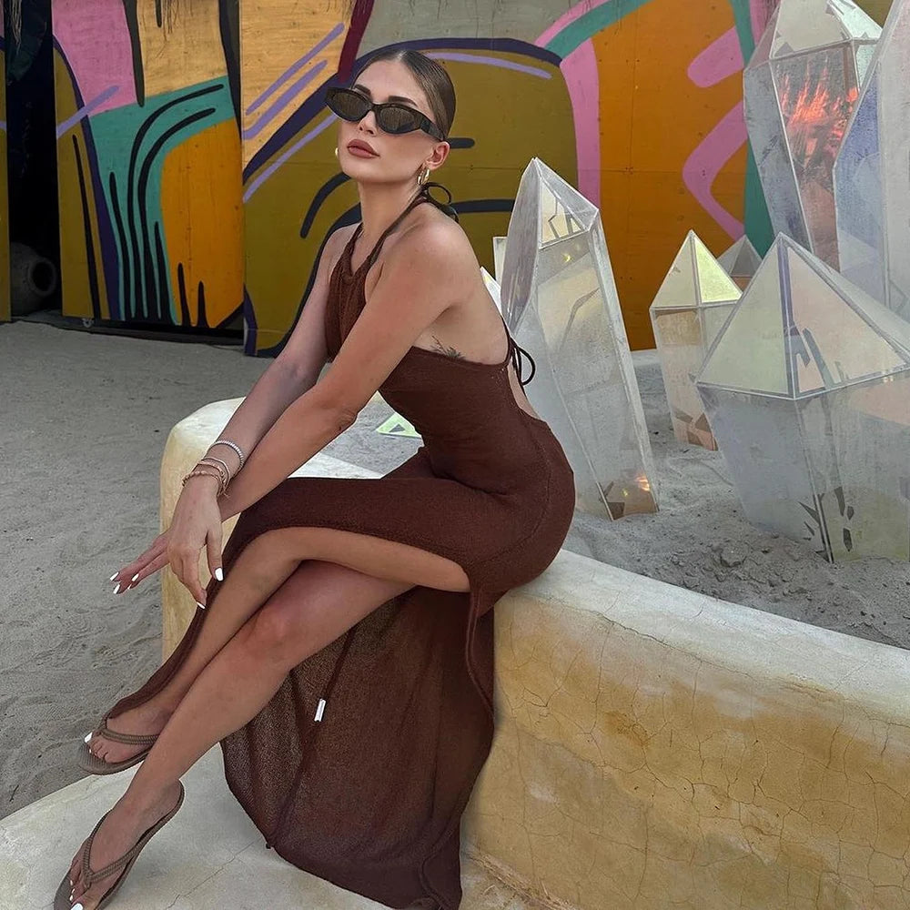 2025 Kintted Cover Up Beach Sexy See Through Maxi Slit Bodycon Summer Dress Bikinis Cover-ups  Elegant Halter Beachdress