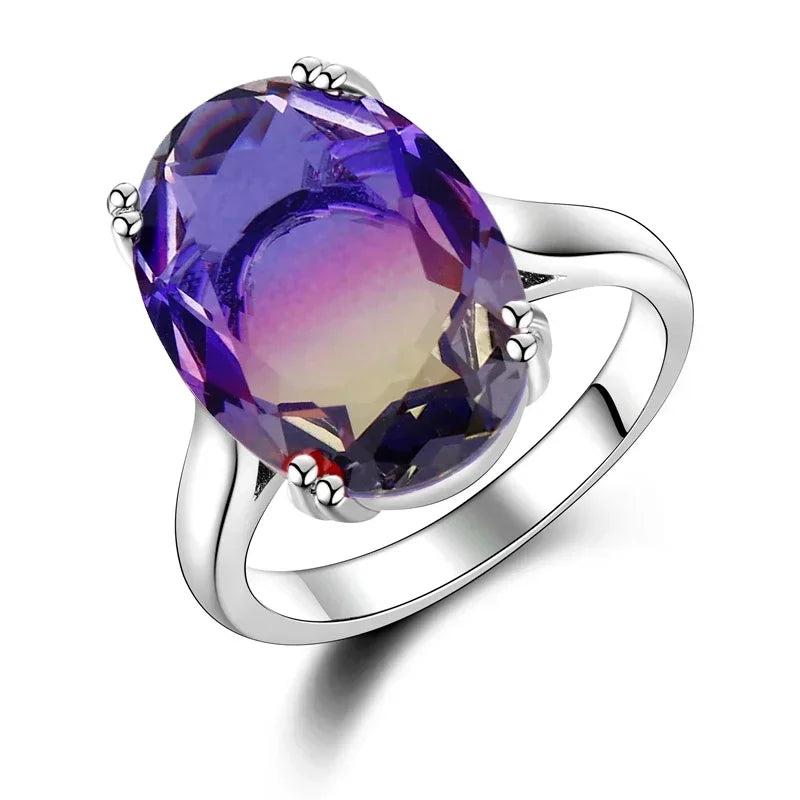 S925 Silver Fashion Large Oval AAAAA Zircon Rainbow Gemstone 13*18mm Multicolor Tourmaline For Woman Wedding Ring Bridal Jewelry