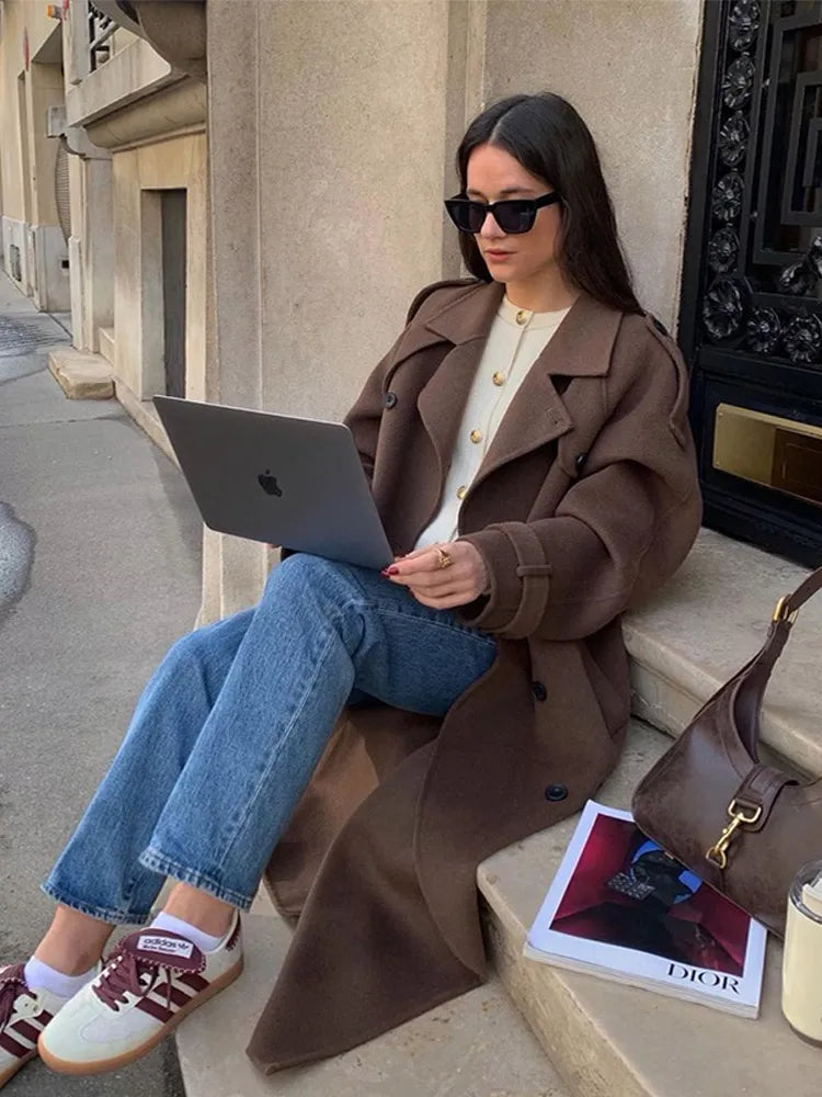 Elegant Woolen Long Coats Women Double-breasted Turn-down Collar Full Sleeves Jackets 2025 Autumn Winter Fashion Outwears Lady