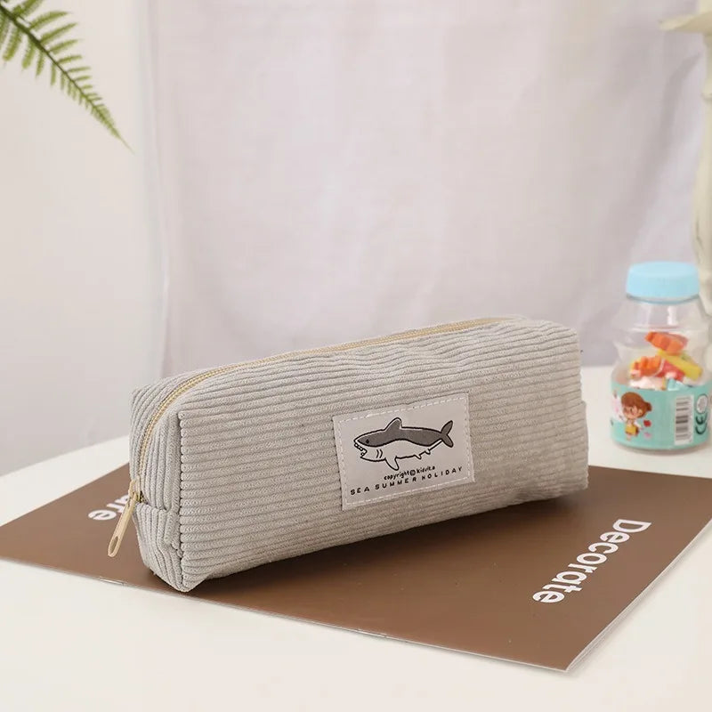 Cute Shark Pencil Case Unisex Korean Style Dirty Corduroy Resistant Storage Bag for Girls School Student Supplies Stationery