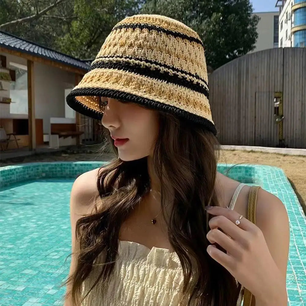 Summer Hollow Knitted Hollow Fisherman Caps Sun Protection Straw Bucket Hat Breathable Crochet Beach Cap Wide Brim Sun Hat
