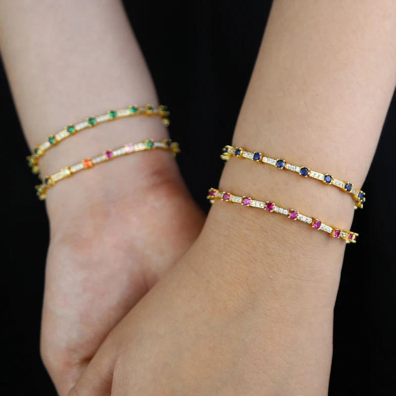 Gold Color Colorful Fashion Women Jewelry Rainbow Blue Red Green CZ Bar Geometric Charm Link Chain Bracelet