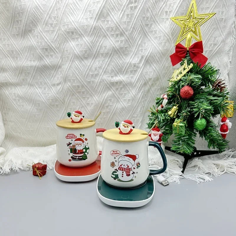 2025 Christmas Gift Set: Warm 55℃ Ceramic Mug with Lid featuring Santa Claus for Office or Home Use