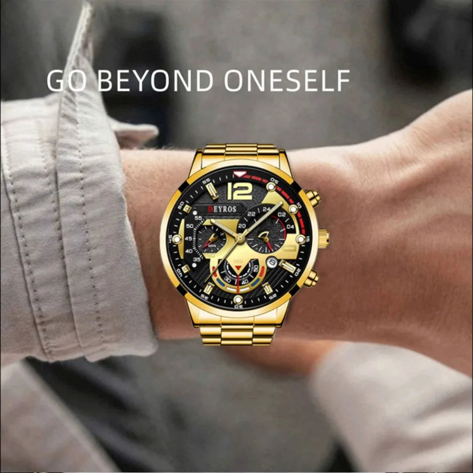 2Pcs Fashion Sporty Men's Watch Gloden Alloy Analog Watch Bracelet Quartz Wrist Watch Jewelry Set The Perfect Gift for Men